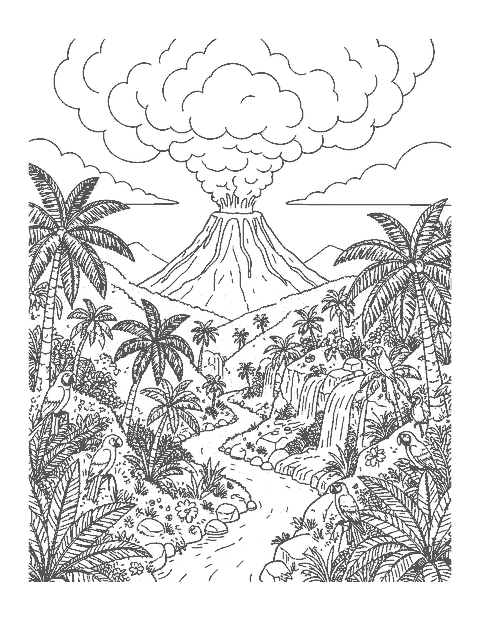 Line drawing of an erupting volcano above a jungle valley with a river, waterfalls and parrots
