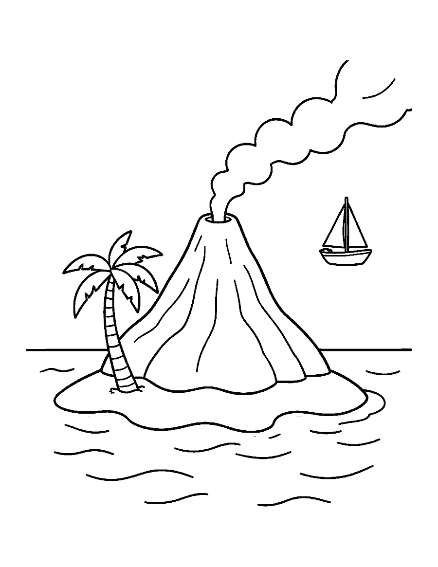 Line drawing of a volcano island with two palm trees, a puff of smoke and a sailboat