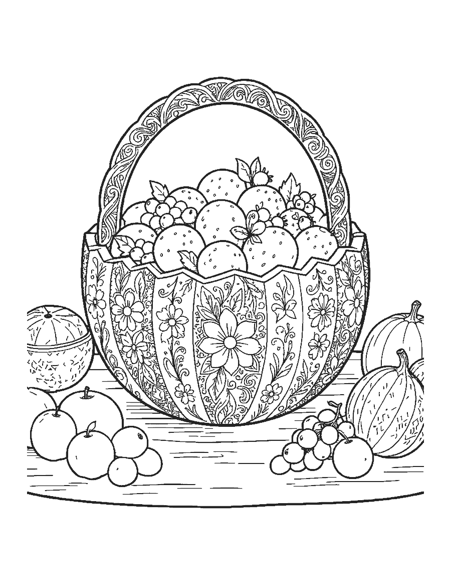 Line drawing of a carved watermelon basket with a scalloped rim filled with melon balls and berries