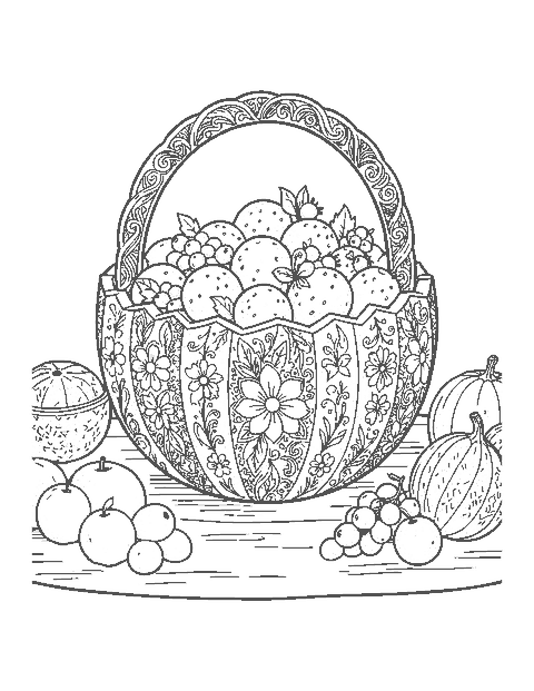 Line drawing of a carved watermelon basket with a scalloped rim filled with melon balls and berries