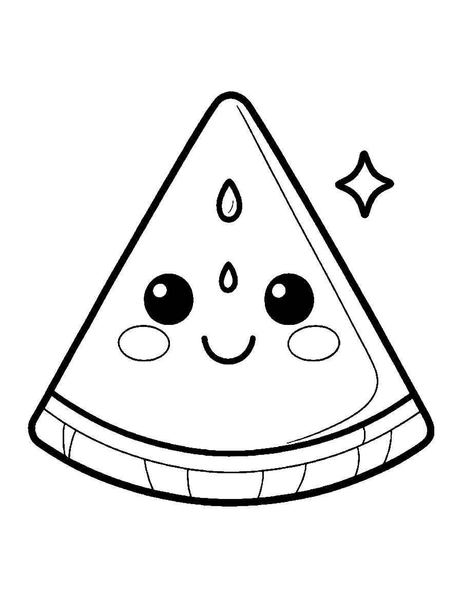Line drawing of a cute smiling watermelon slice with seeds and a thick rind