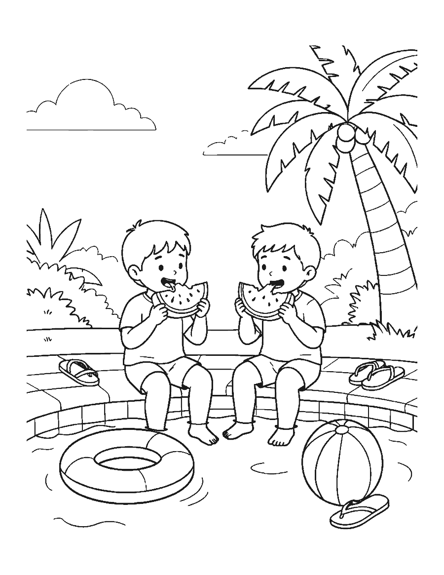 Line drawing of two children eating watermelon on a pool edge with a swim ring and beach ball