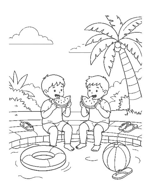 Line drawing of two children eating watermelon on a pool edge with a swim ring and beach ball