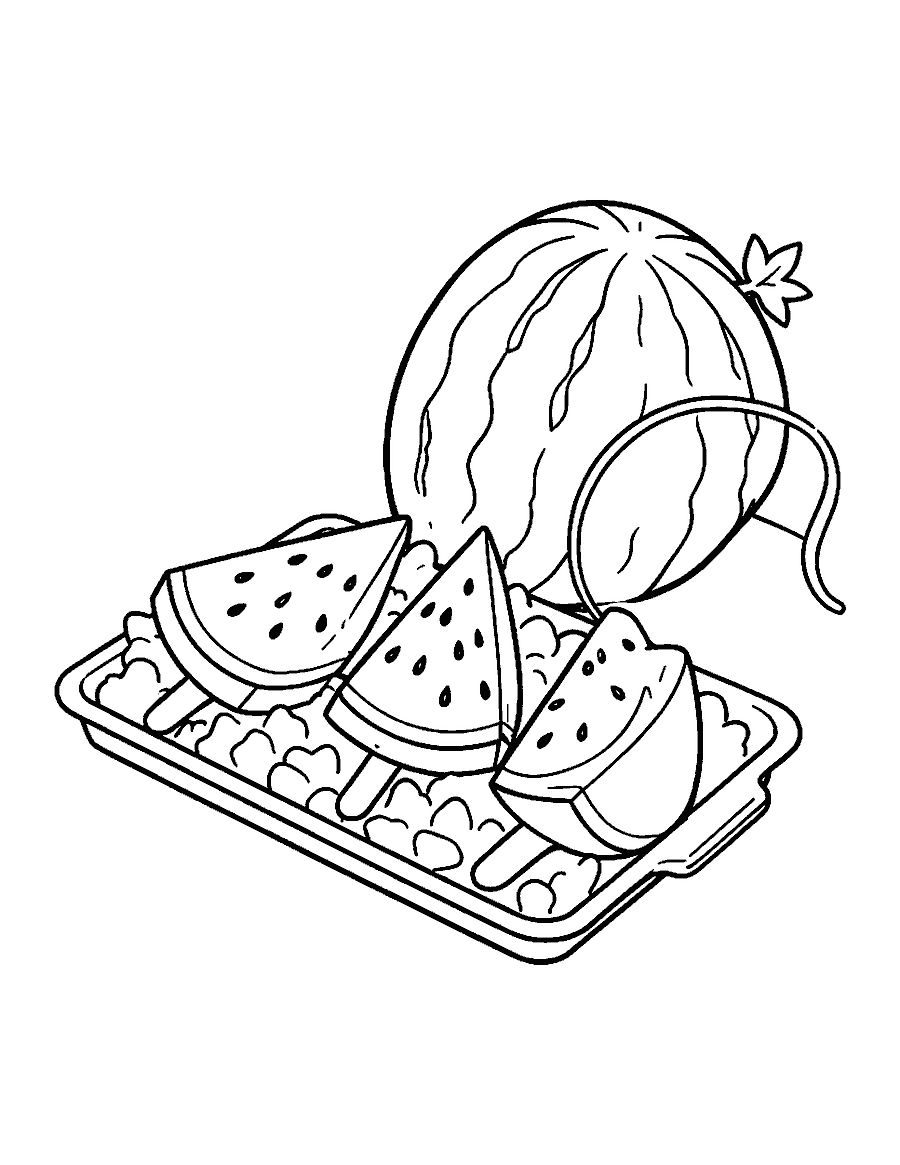 Line drawing of three watermelon ice pops on crushed ice beside a cut watermelon