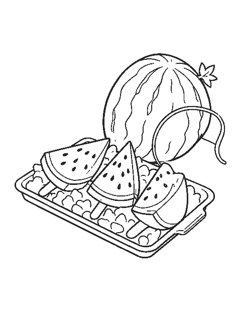 Line drawing of three watermelon ice pops on crushed ice beside a cut watermelon