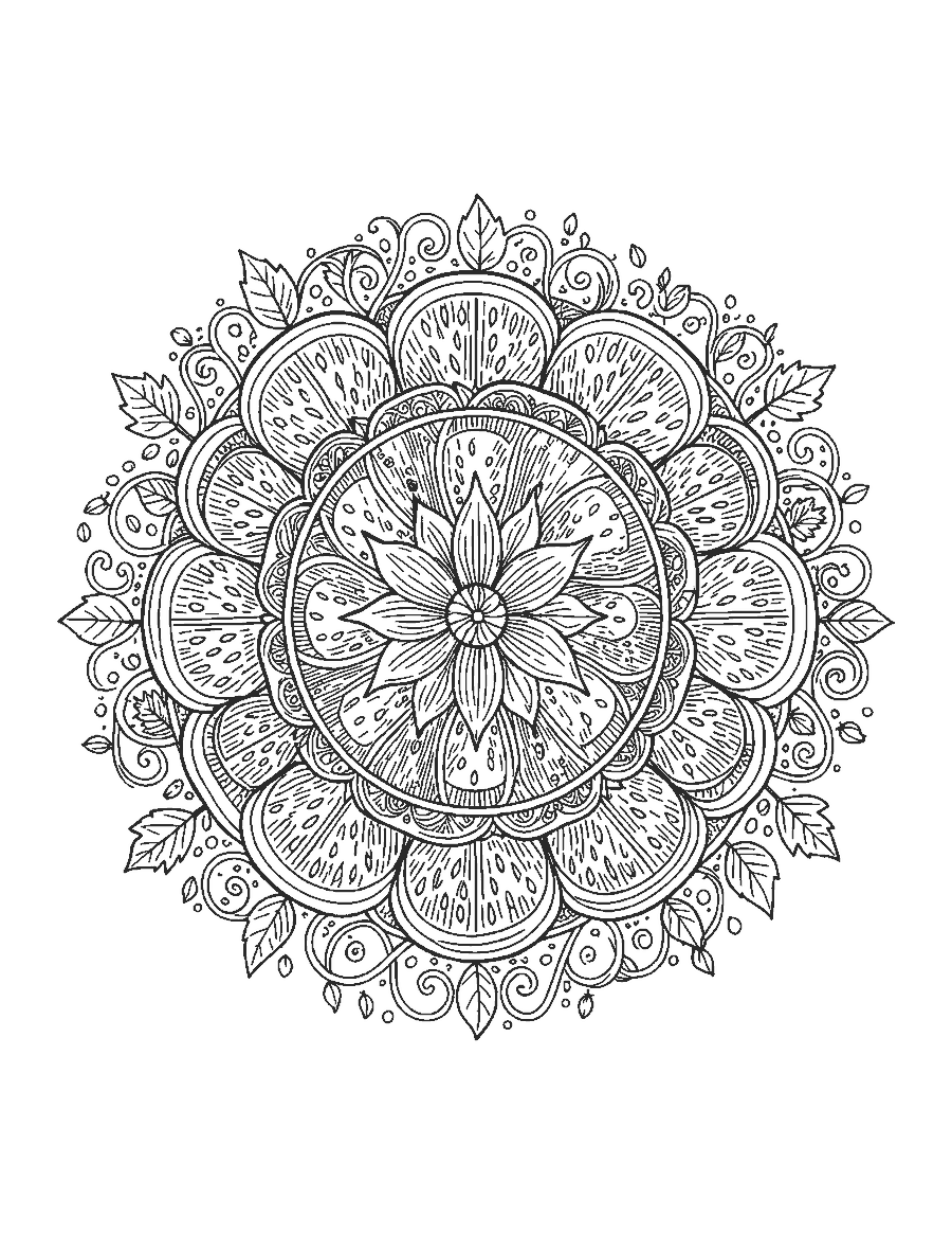 Line drawing of a round mandala of watermelon slices, vines, leaves and seeds