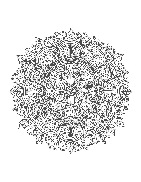 Line drawing of a round mandala of watermelon slices, vines, leaves and seeds