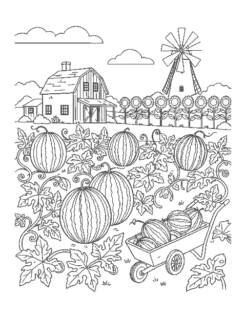 Line drawing of a watermelon patch with vines, a wheelbarrow, a farmhouse and sunflowers