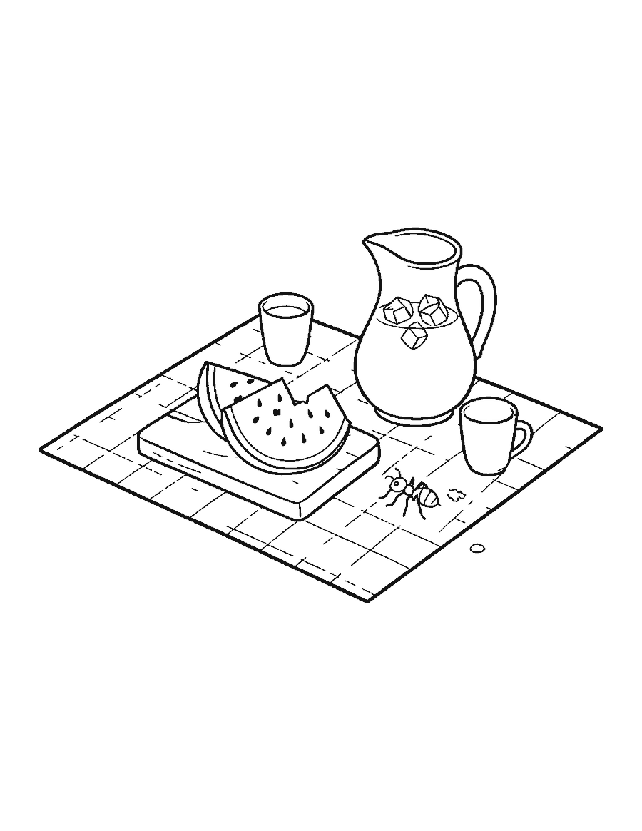 Line drawing of watermelon slices, lemonade and cups on a checked picnic blanket