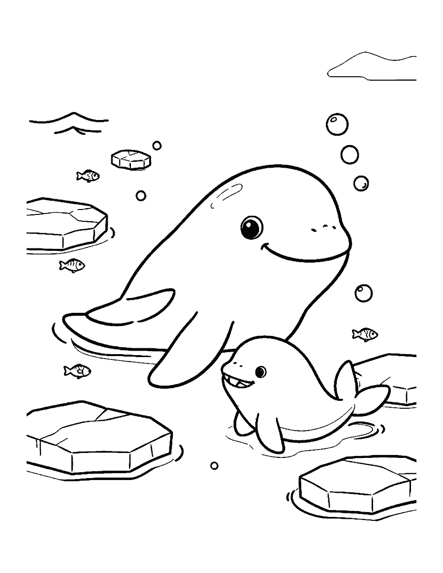 Line drawing of a beluga whale and calf swimming between ice chunks