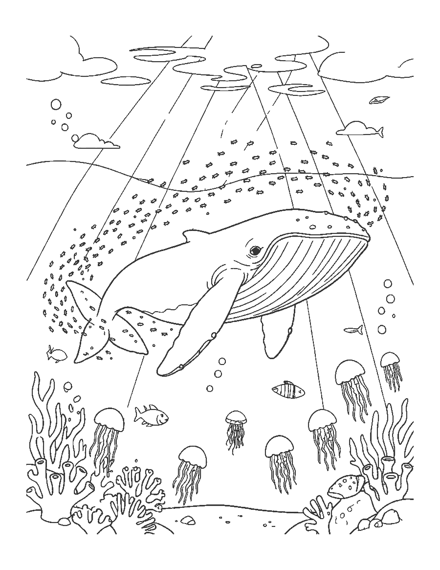 Line drawing of a giant blue whale swimming toward a swarm of krill