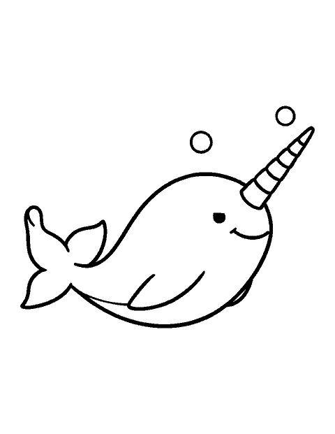 Line drawing of a chubby narwhal with a long spiral tusk