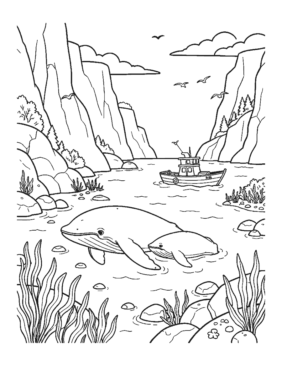 Line drawing of a gray whale and calf near a rocky coast with a boat in the distance