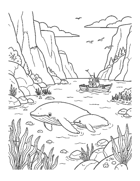 Line drawing of a gray whale and calf near a rocky coast with a boat in the distance