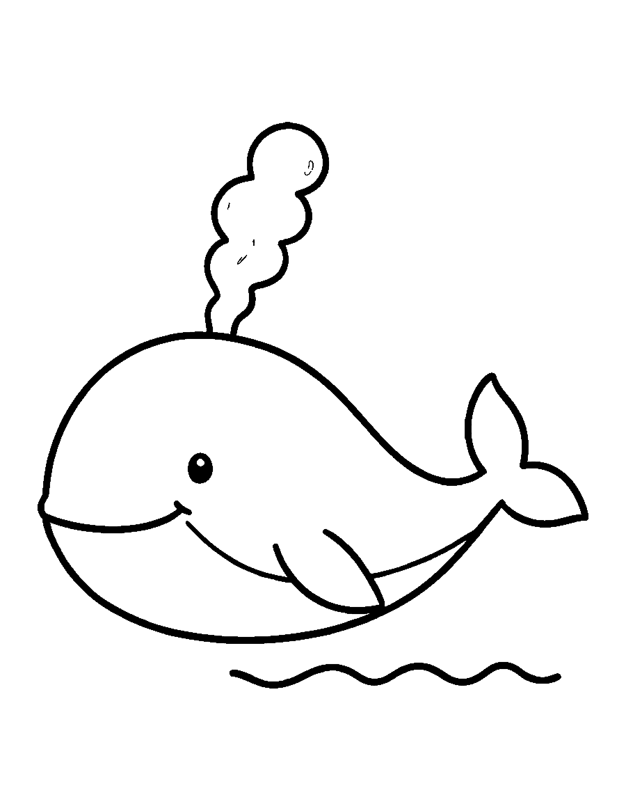 Line drawing of a big happy whale blowing a misty spout from its blowhole above a simple wave