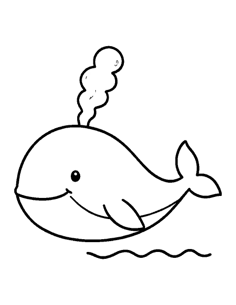 Line drawing of a big happy whale blowing a misty spout from its blowhole above a simple wave