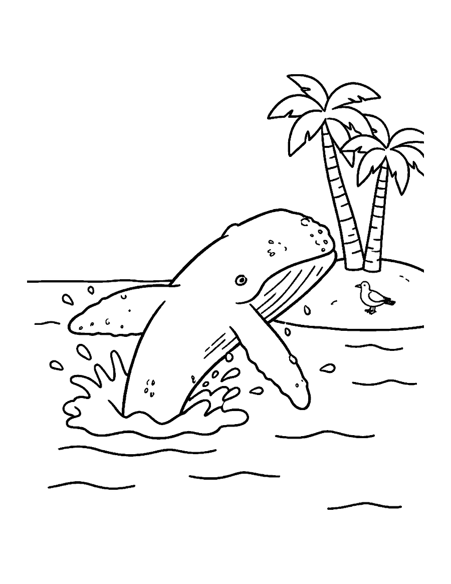 Line drawing of a humpback whale leaping from the sea near a small island