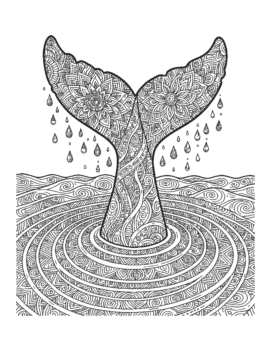 Line drawing of a whale tail filled with mandala patterns above rippling water