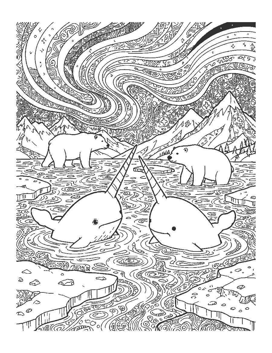 Line drawing of narwhals between ice floes under the northern lights with a polar bear