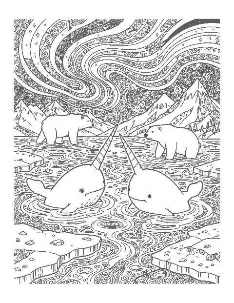 Line drawing of narwhals between ice floes under the northern lights with a polar bear