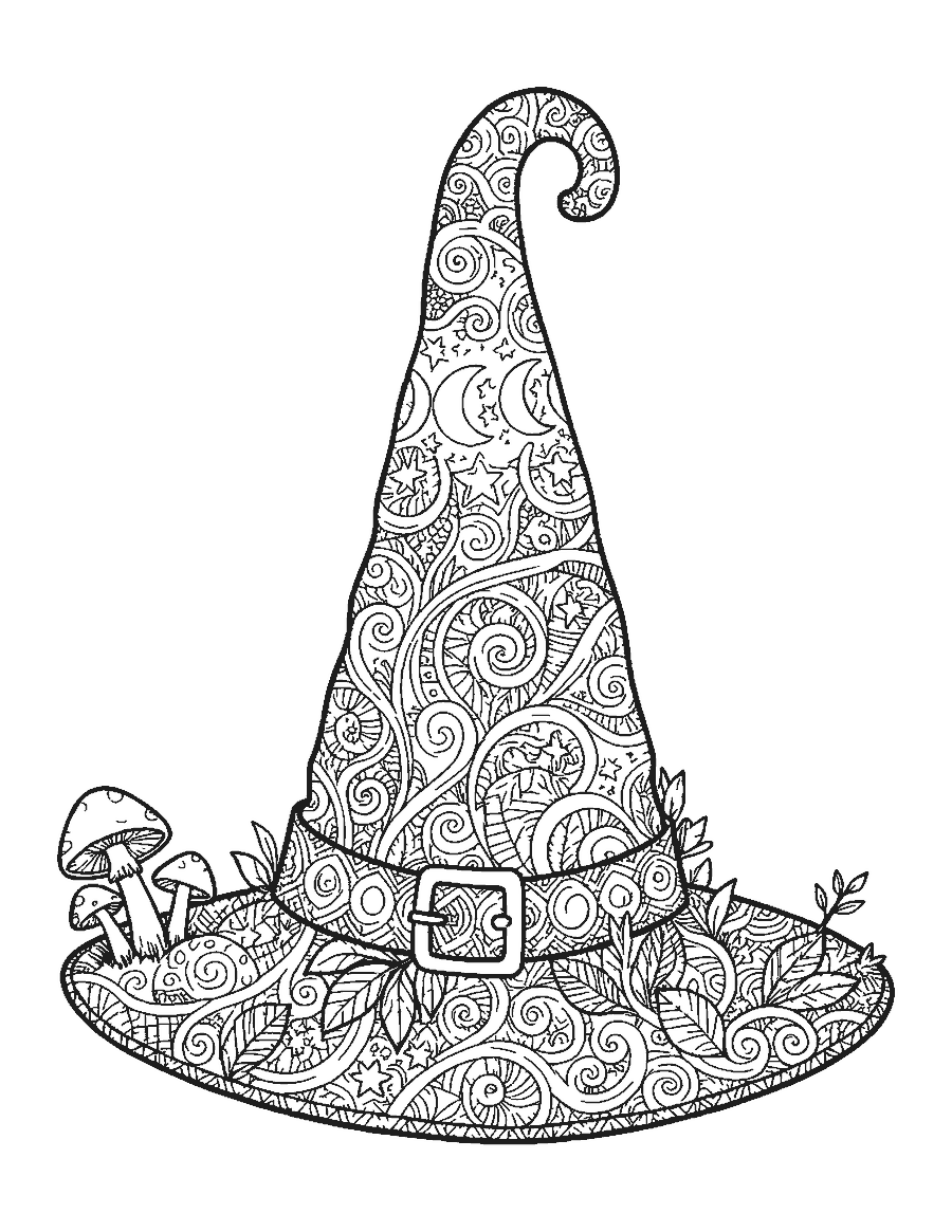 Line drawing of a witch hat filled with doodle patterns and moon phases