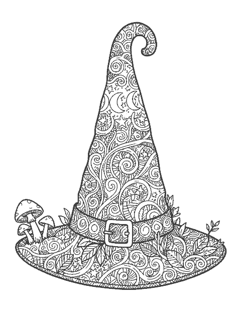 Line drawing of a witch hat filled with doodle patterns and moon phases