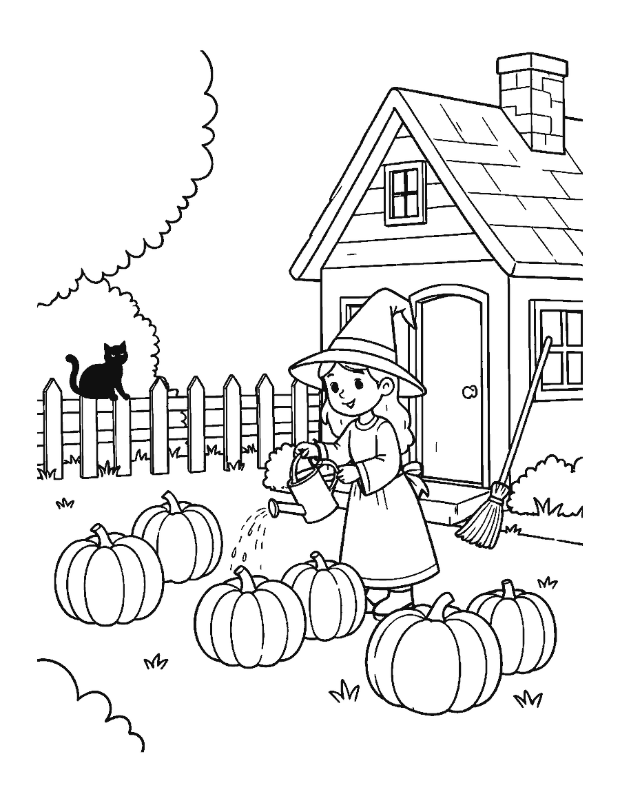Line drawing of a witch watering pumpkins beside her cottage with a black cat