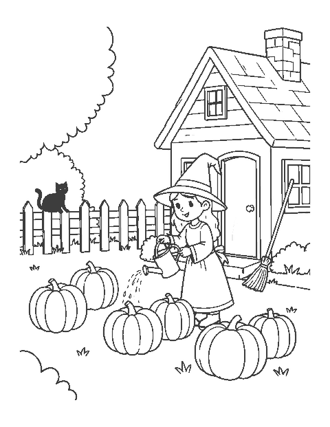 Line drawing of a witch watering pumpkins beside her cottage with a black cat