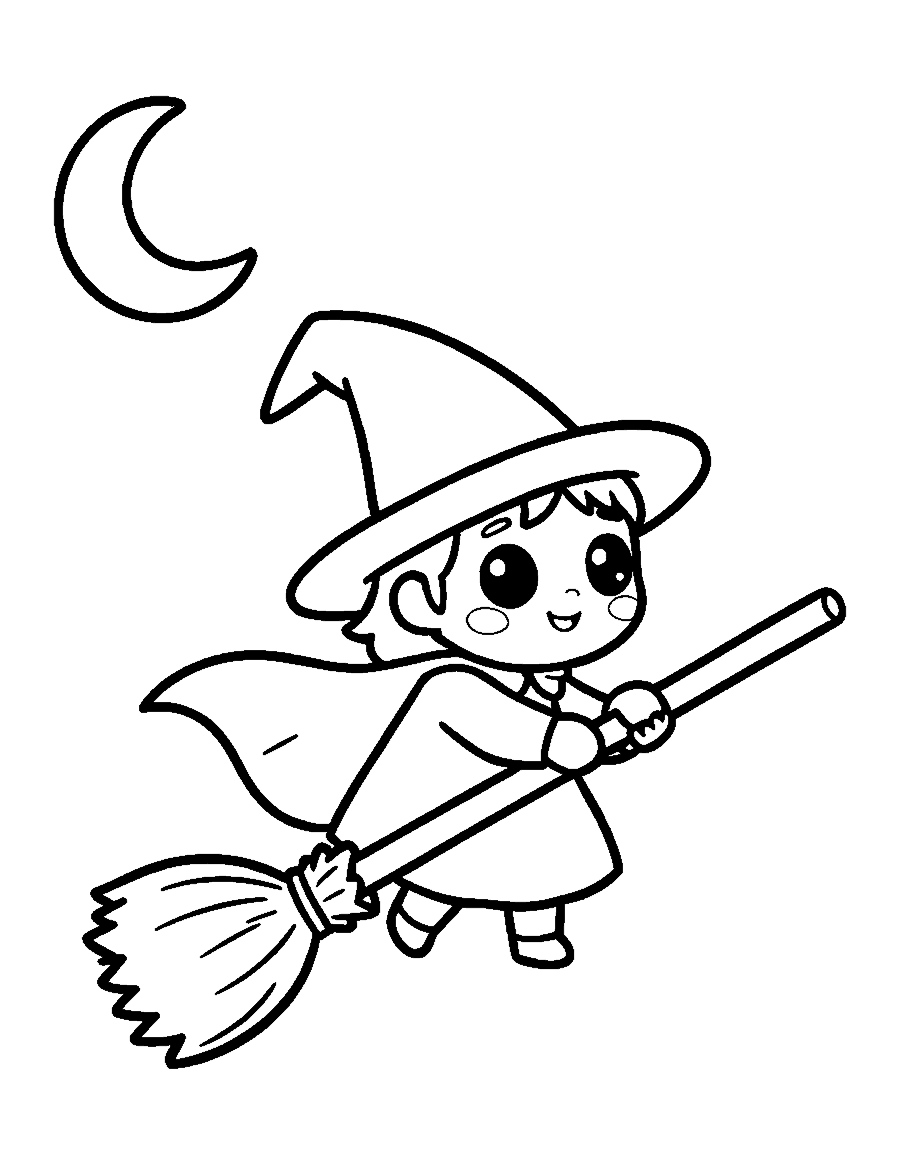 Line drawing of a cute little witch flying on a broomstick past a moon