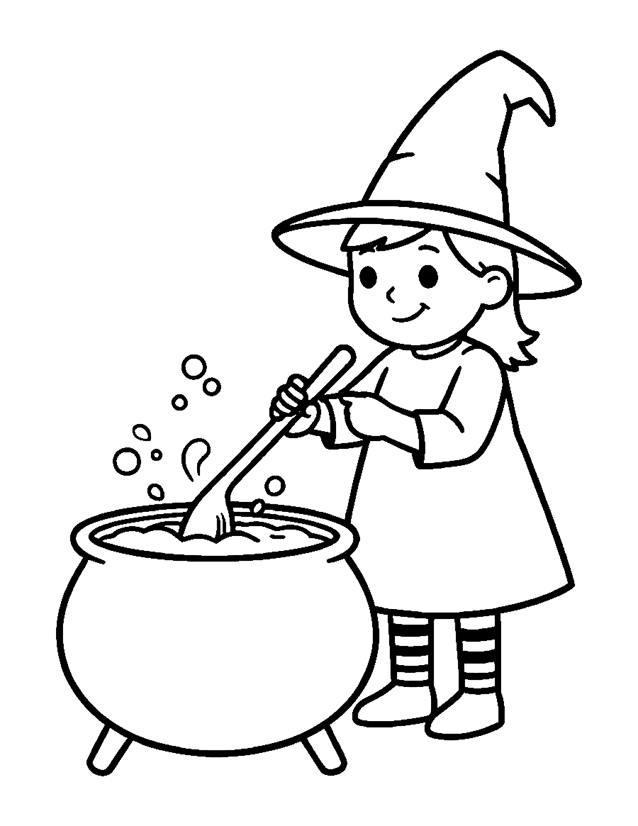 Line drawing of a smiling witch stirring a bubbling cauldron with a spoon