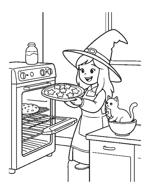 Line drawing of a witch taking star cookies out of the oven while her cat watches