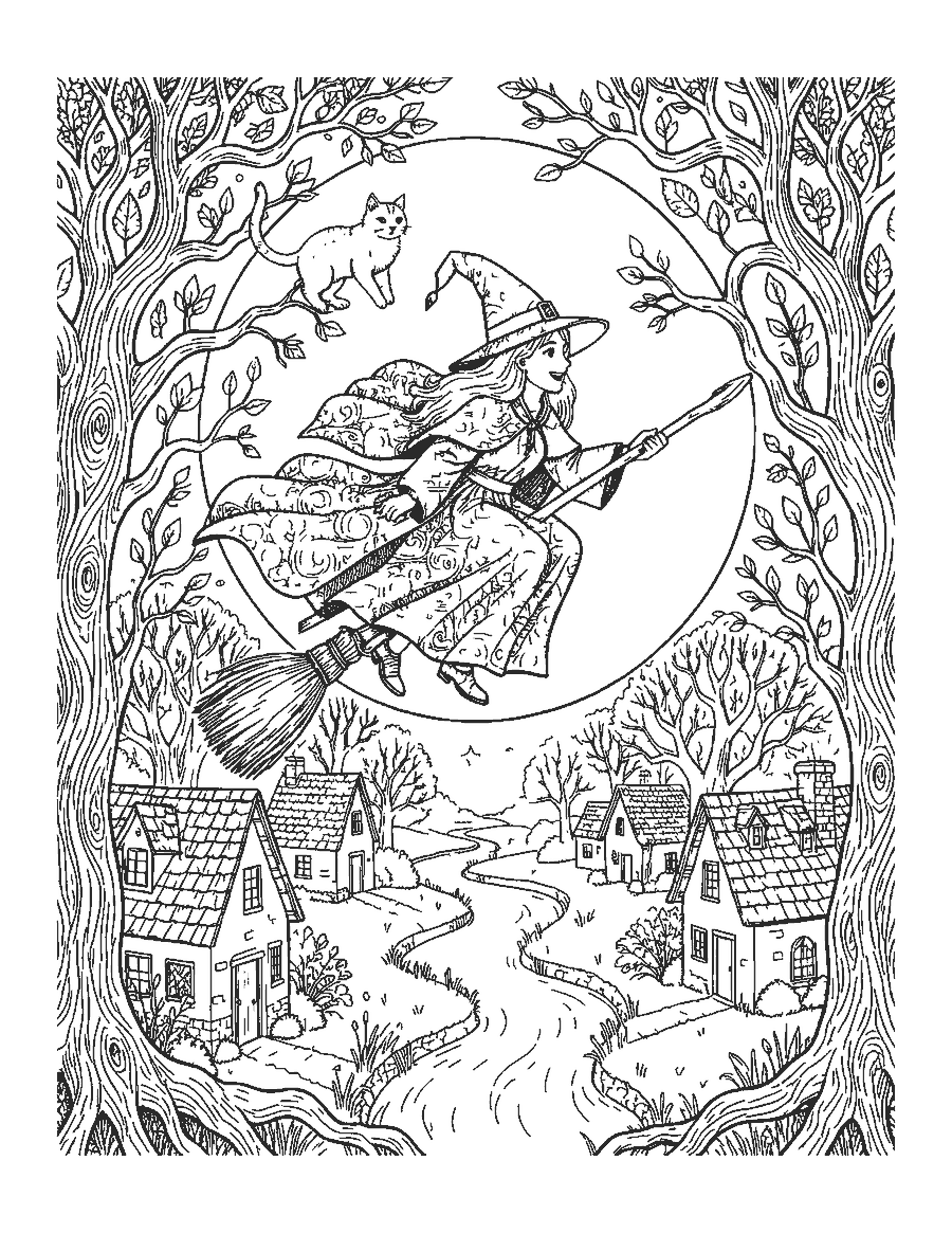 Line drawing of a witch and her cat flying on a broom across a full moon