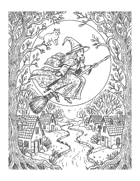Line drawing of a witch and her cat flying on a broom across a full moon