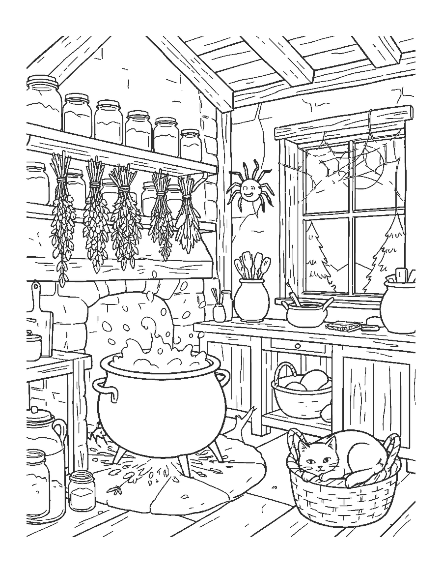 Line drawing of a witch's kitchen with a cauldron, jars, herbs and a sleeping cat