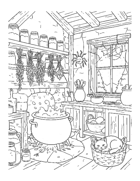 Line drawing of a witch's kitchen with a cauldron, jars, herbs and a sleeping cat