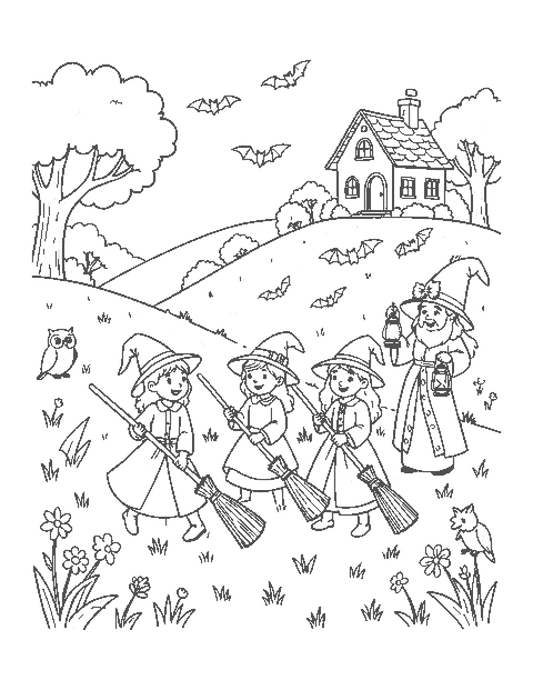Line drawing of young witches learning to fly brooms over a meadow