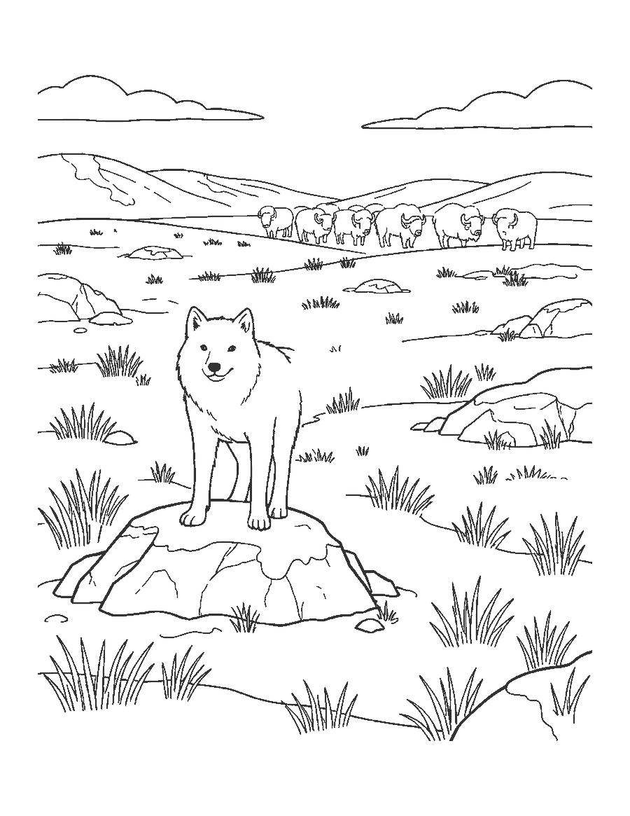 Line drawing of a white Arctic wolf on the tundra with musk oxen in the distance