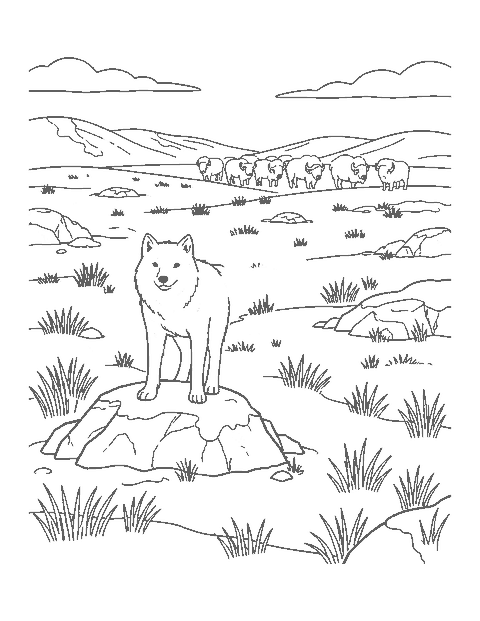 Line drawing of a white Arctic wolf on the tundra with musk oxen in the distance
