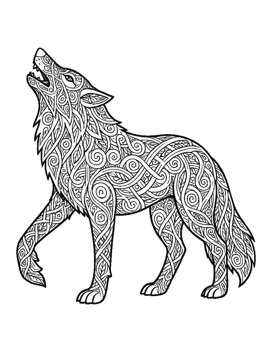 Line drawing of a howling wolf woven from interlacing knotwork bands and spirals