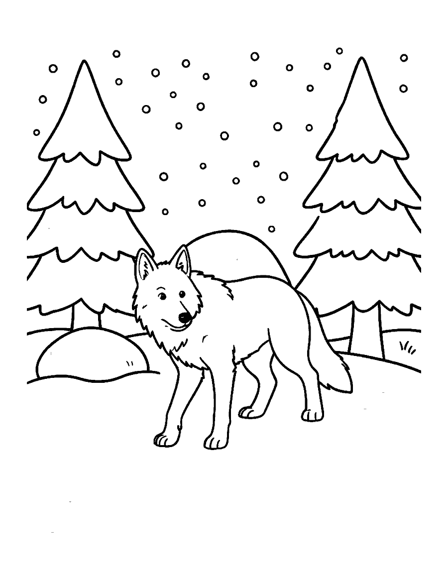 Line drawing of a gray wolf trotting through snow between two pine trees