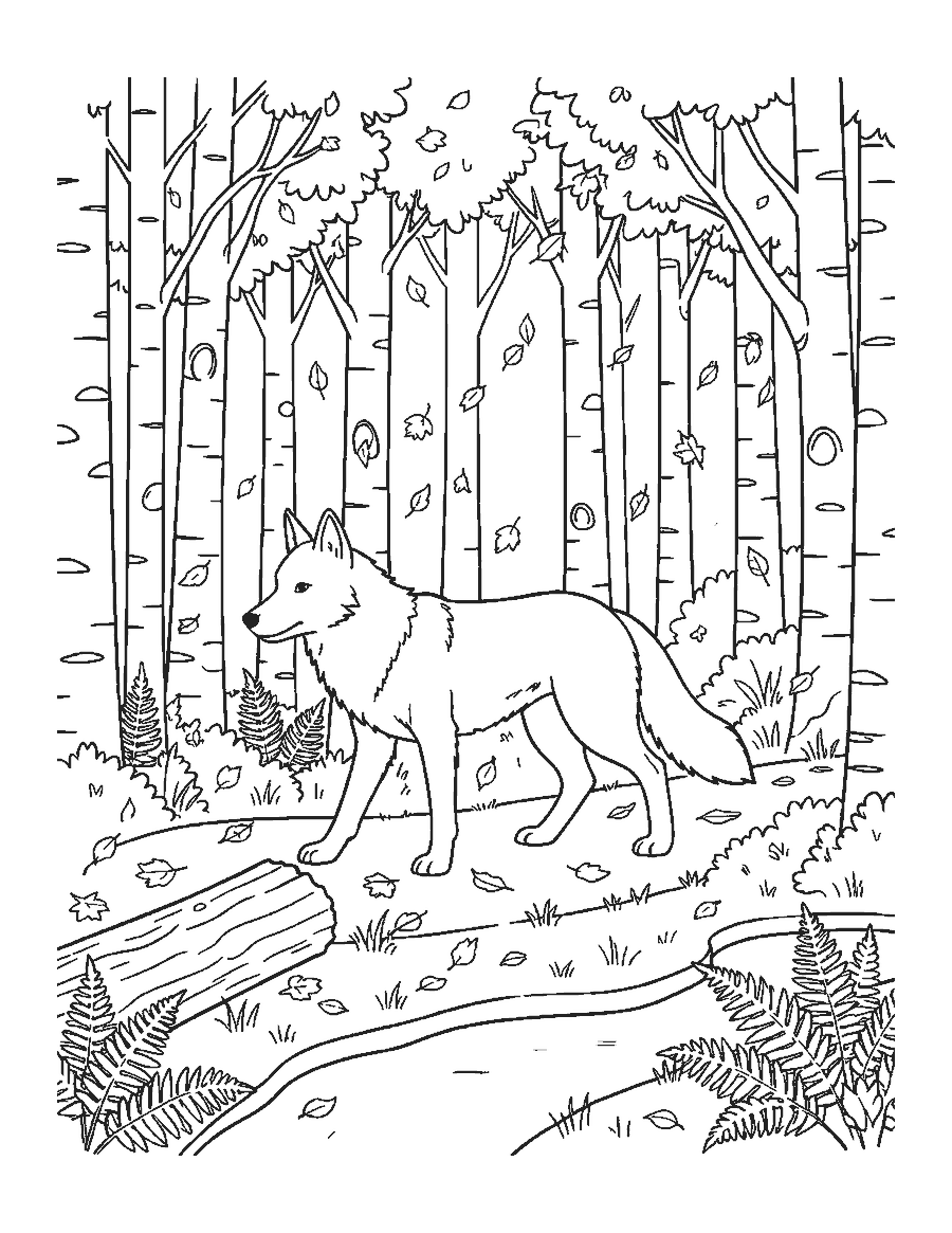 Line drawing of a gray wolf walking along a trail through an autumn aspen forest