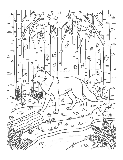 Line drawing of a gray wolf walking along a trail through an autumn aspen forest