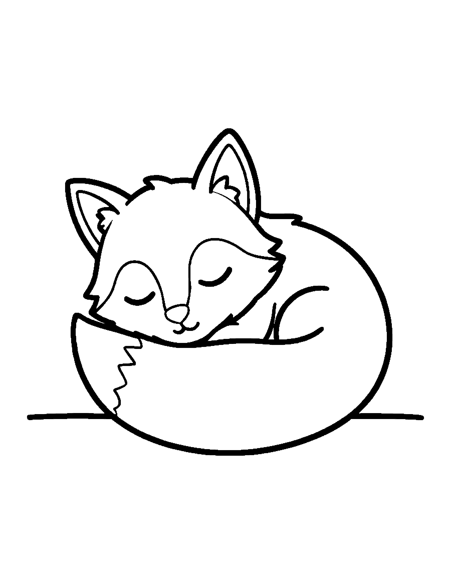 Line drawing of a cute chibi wolf pup curled up asleep with its bushy tail