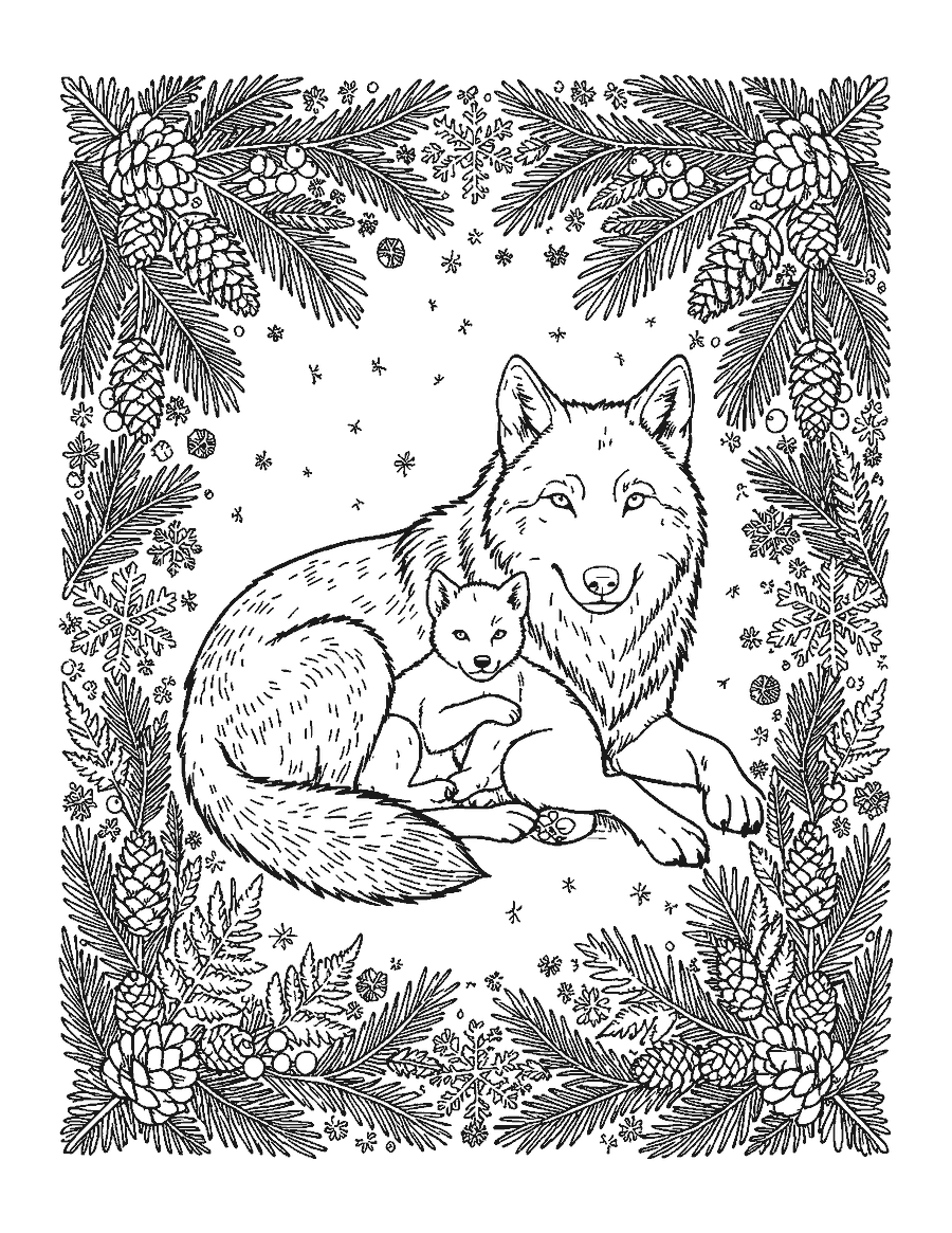 Line drawing of a mother wolf and pup framed by an ornate border of pine branches and ferns