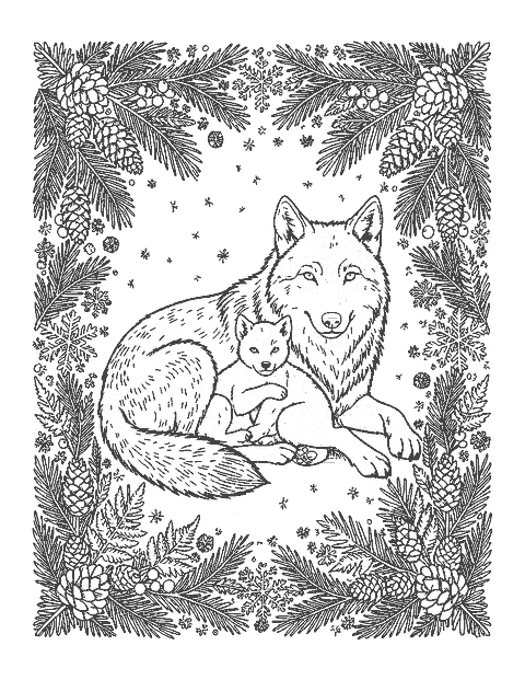 Line drawing of a mother wolf and pup framed by an ornate border of pine branches and ferns
