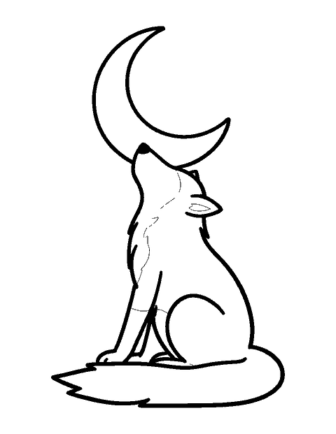 Line drawing of a wolf sitting with its head raised, howling at a crescent moon