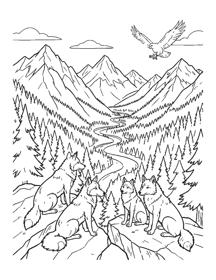 Line drawing of a pack of five wolves on a rocky ridge above a pine valley and river