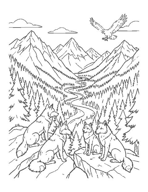 Line drawing of a pack of five wolves on a rocky ridge above a pine valley and river
