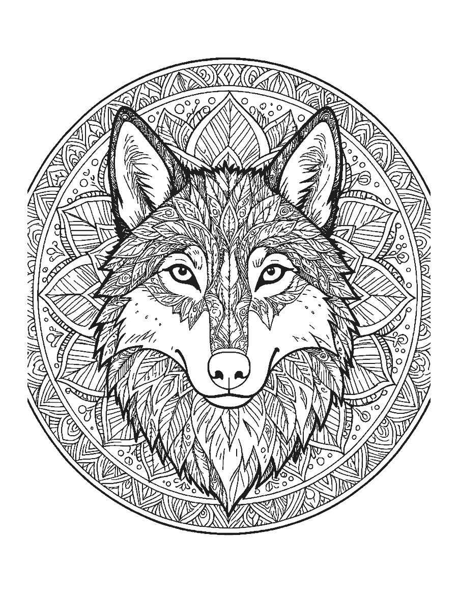 Line drawing of a wolf's face filled with mandala patterns in front of a round mandala