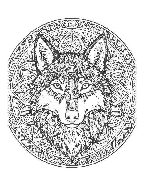Line drawing of a wolf's face filled with mandala patterns in front of a round mandala